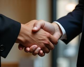 Handshake between two people, representing business partnership.