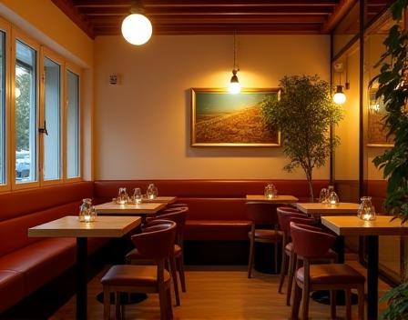 Warm and inviting cafe interior with seating.