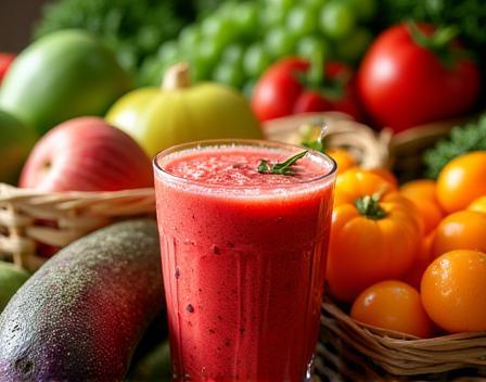 Display of fresh fruits and vegetables used for drinks.