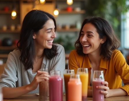 Two friends laughing and enjoying drinks at a table.