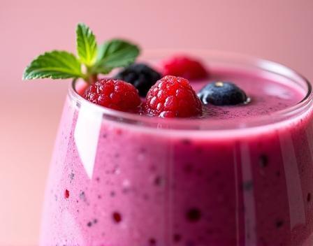Close-up of a vibrant berry smoothie with garnish.