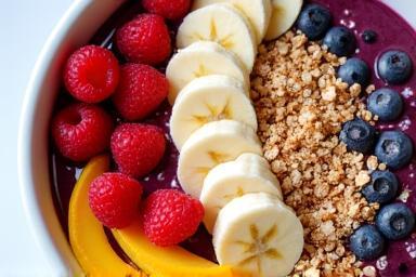 A colorful acai bowl topped with berries, banana slices, and granola.