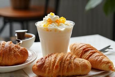 Selection of yogurt parfait, pastries, and coffee.