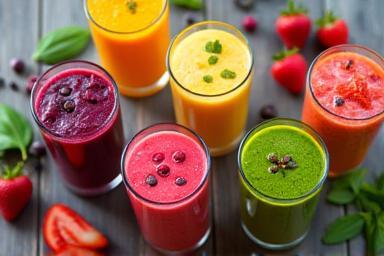 Assortment of colorful fruit and green smoothies.